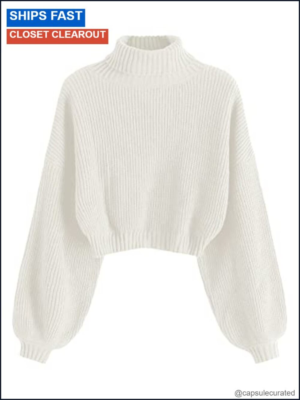 Cropped Turtleneck Sweater Lantern Sleeve Ribbed Knit Pullover
